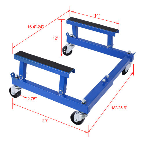 Blue adjustable motorcycle engine stand with wheels and padded supports for easy mobility