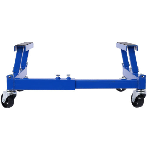 Blue motorcycle engine stand with wheels for easy movement and sturdy support