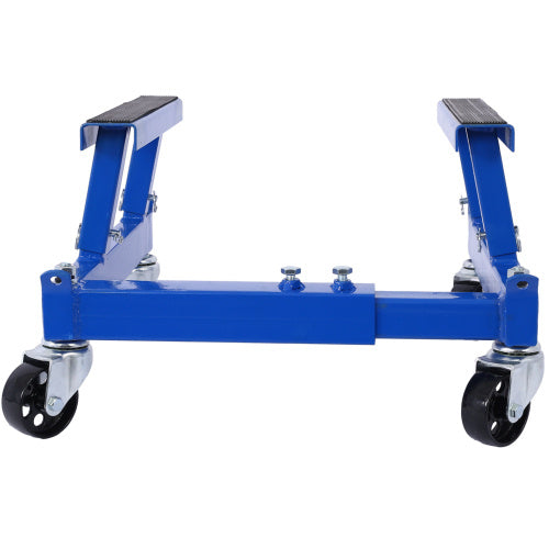 Blue motorcycle engine stand with wheels featuring sturdy steel frame and padded supports