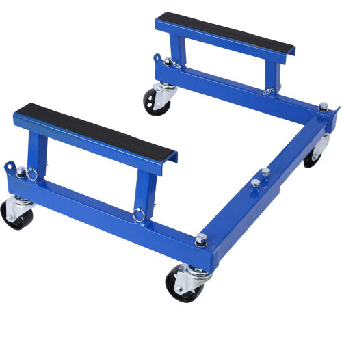 Shopi Vella blue motorcycle engine stand with wheels featuring sturdy frame and rubber pads