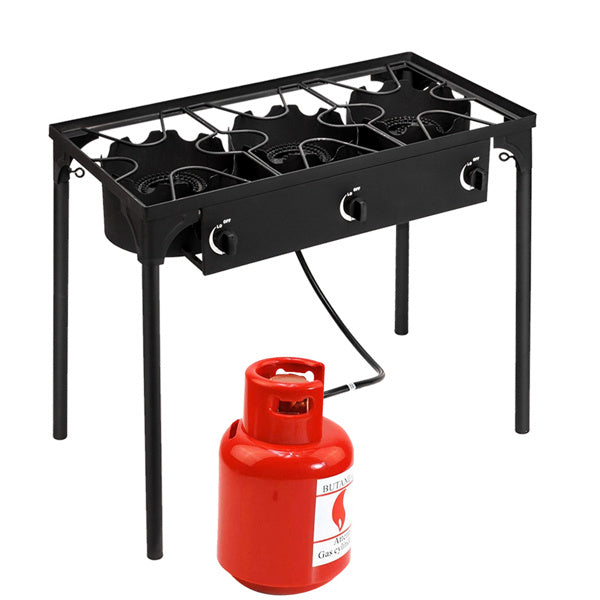 Shopi Vella multi burner kitchen gas stove with three burners and connected red gas cylinder