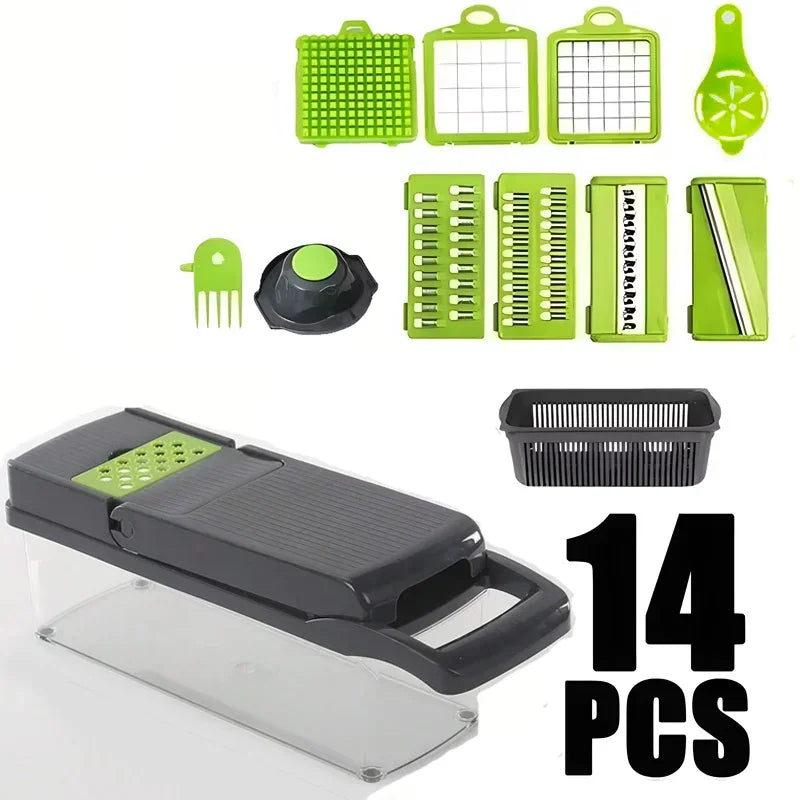 Shopi Vella multi functional vegetable slicer with 14 pieces including blades and container in green and black