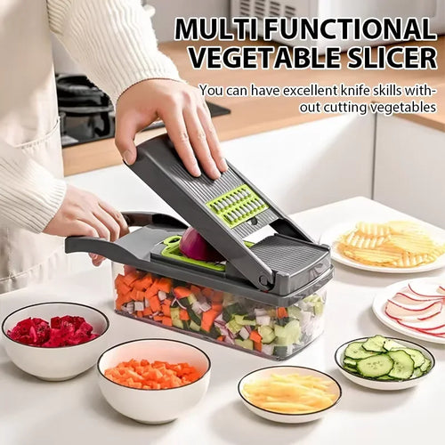 Shopi Vella multi functional vegetable slicer chopping various vegetables with storage container
