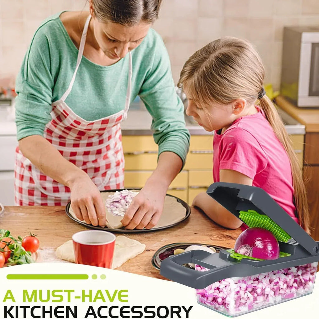 Multi functional vegetable slicer chopping onions with container for kitchen use