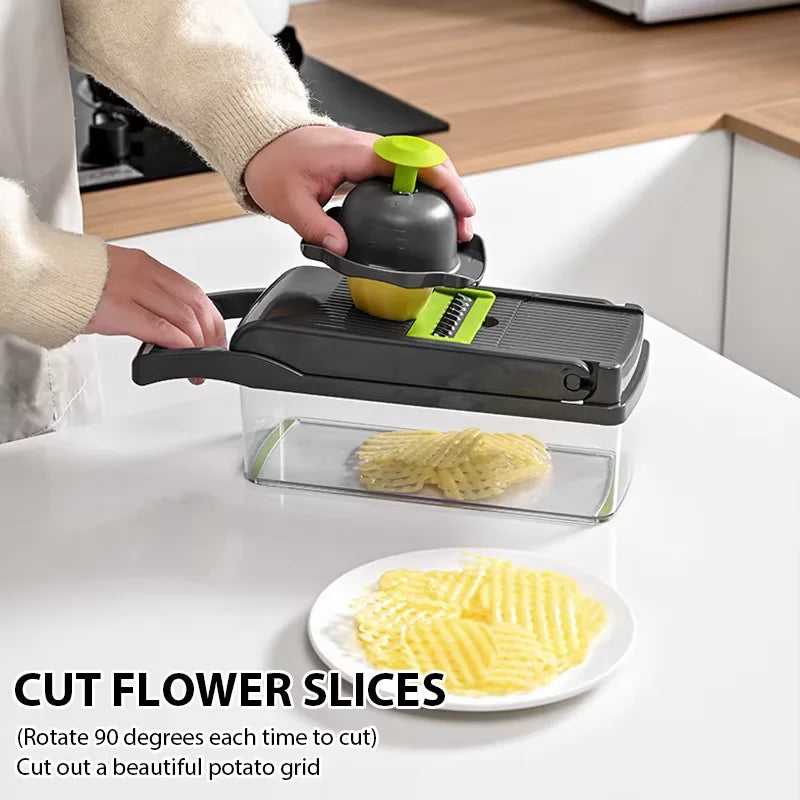 Shopi Vella multi functional vegetable slicer with safety holder slicing potatoes into waffle cuts