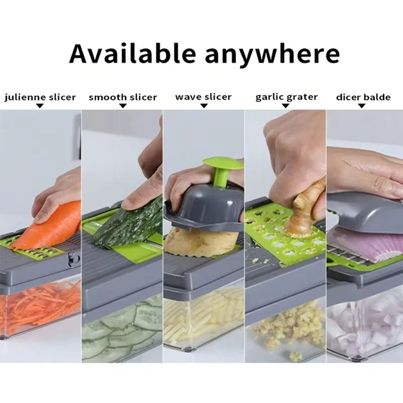 Shopi Vella multi functional vegetable slicer with julienne, smooth, wave slicers, garlic grater, and dicer blades