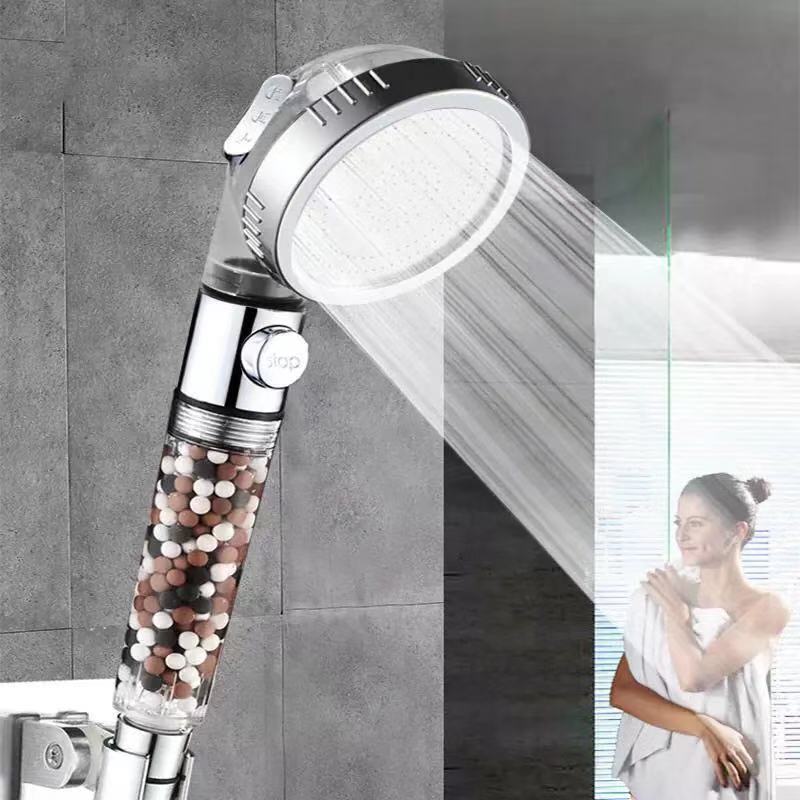 Shopi Vella negative ion shower head with mineral beads and adjustable water flow in modern bathroom