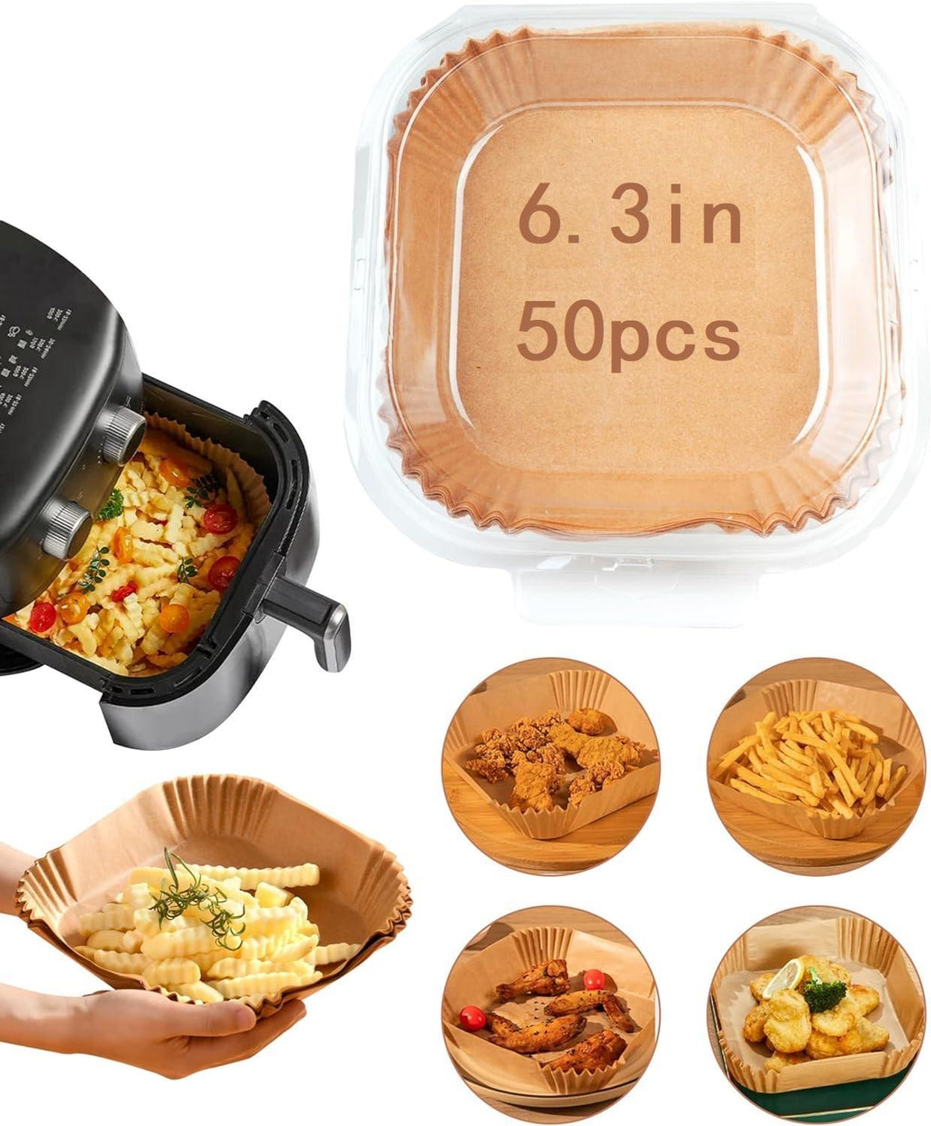 Shopi Vella oil absorbing paper tray for baking 50pcs 6.3 inch greaseproof square liners for air fryer and snacks