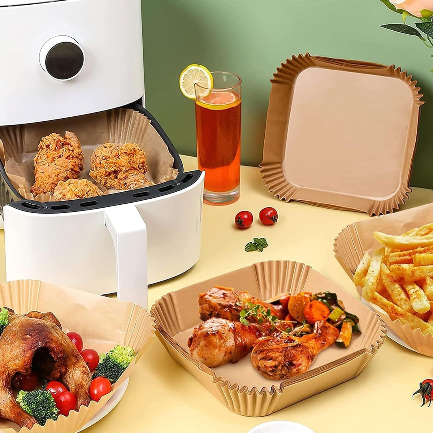 Shopi Vella oil absorbing paper tray for baking with fried chicken, roasted chicken, fries, and vegetables in air fryer