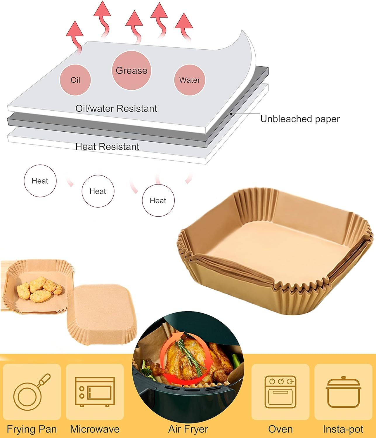 Shopi Vella oil absorbing paper tray for baking with heat resistant unbleached layers for frying pan microwave air fryer oven and insta-pot