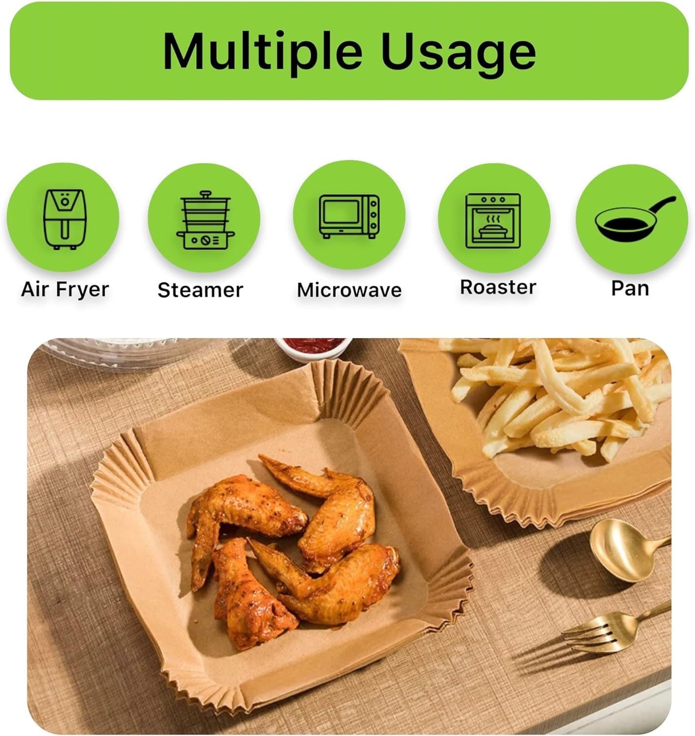 Shopi Vella oil absorbing paper tray for baking with crispy chicken wings and fries on a table