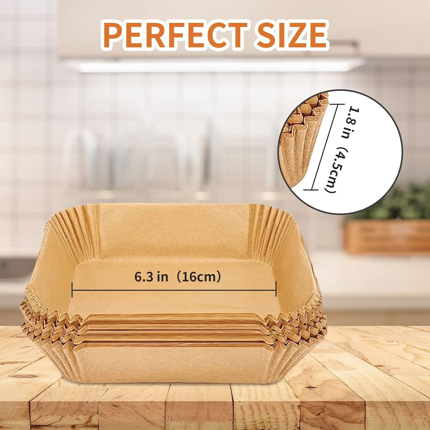 Shopi Vella oil absorbing paper tray for baking with perfect size 6.3 by 1.8 inches on wooden countertop