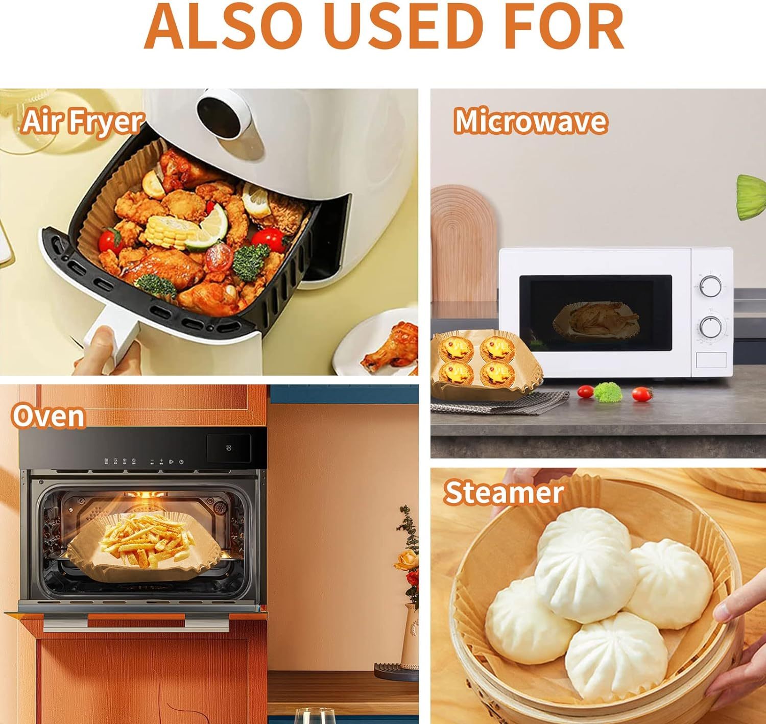 Shopi Vella oil absorbing paper tray for baking used in air fryer, microwave, oven, and steamer with various foods