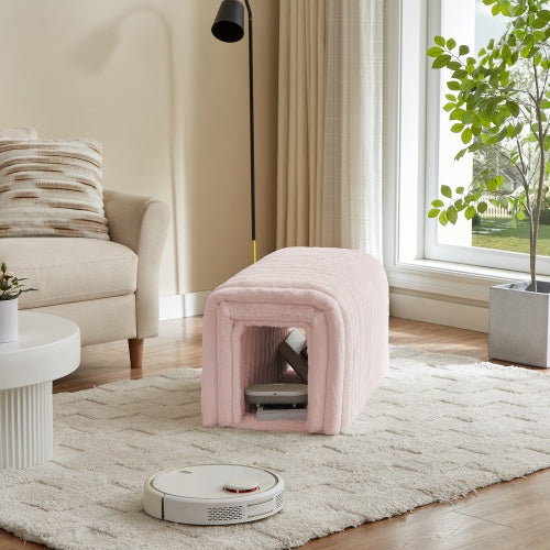 Pink ottoman storage bench with pet hideaway in modern living room next to beige sofa and window