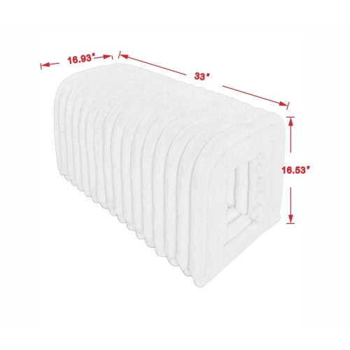 White ottoman storage bench with pet hideaway showing dimensions 33 by 16.93 by 16.53 inches