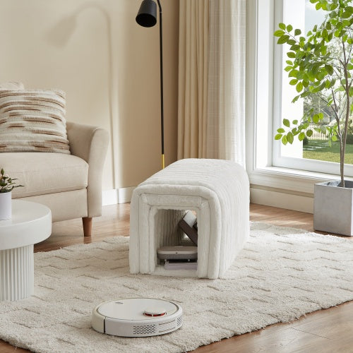 Cozy ottoman storage bench with pet hideaway in white plush fabric placed in a modern living room