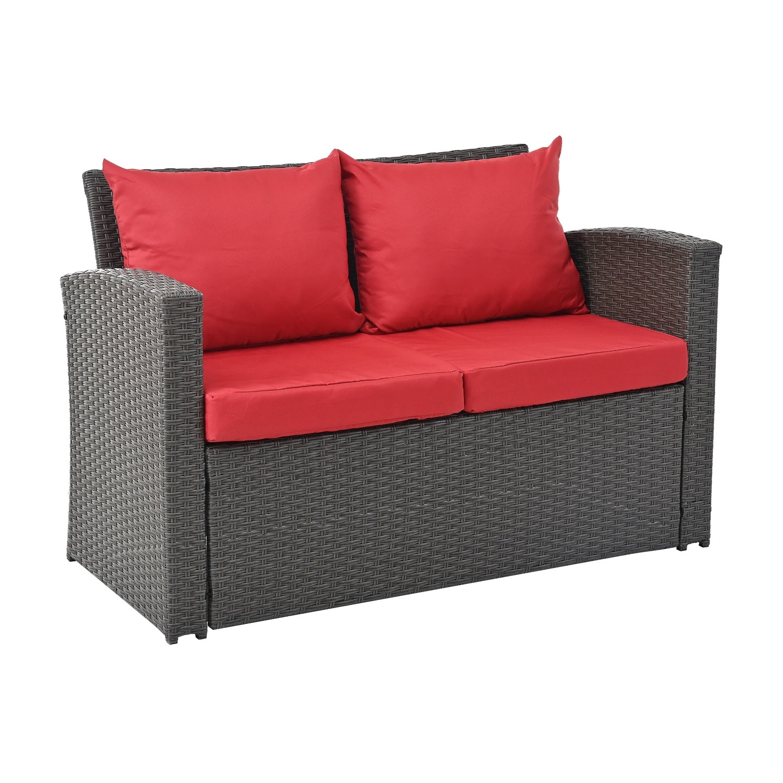Shopi Vella outdoor patio furniture set with gray wicker loveseat and red cushions
