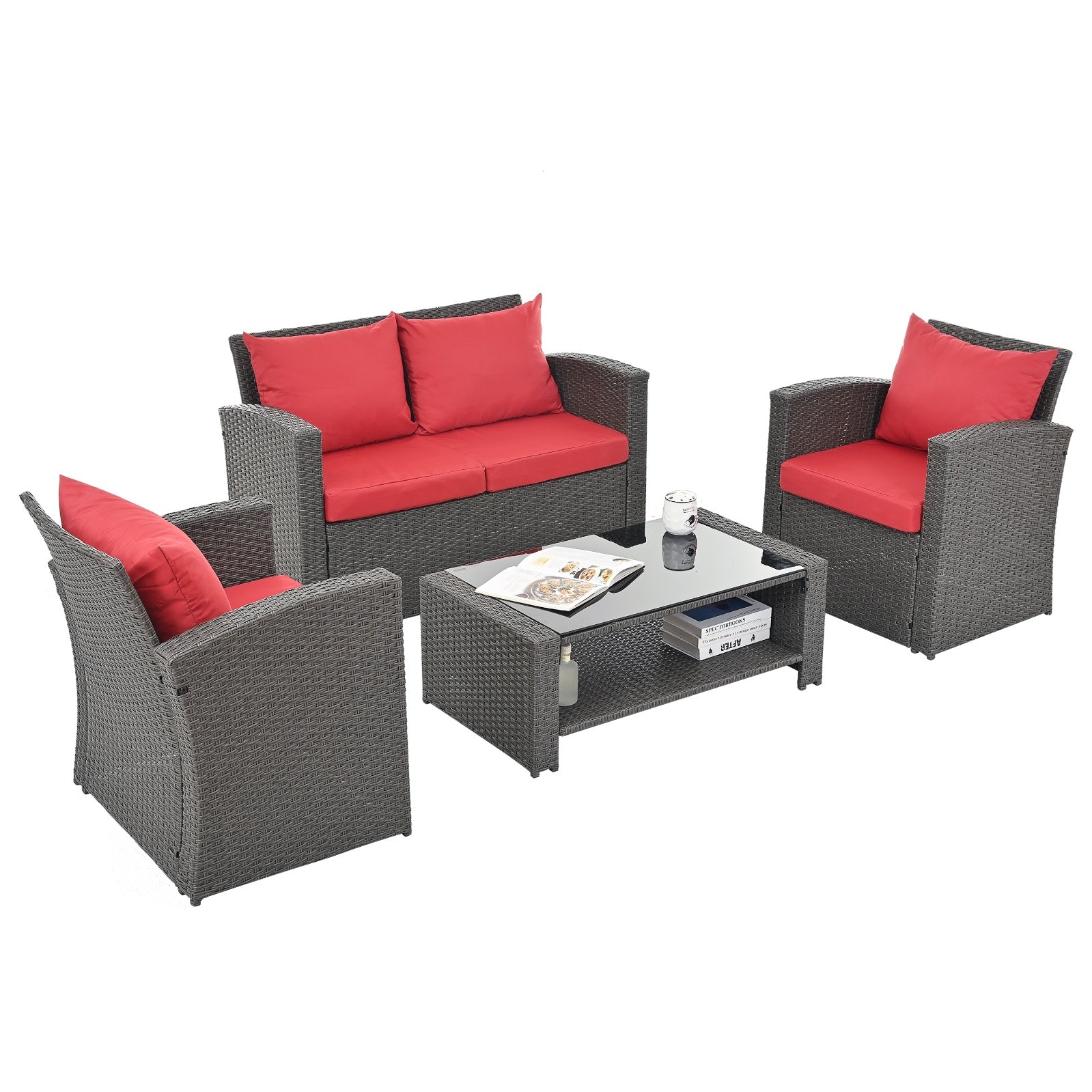 Shopi Vella outdoor patio furniture set with gray wicker frame and red cushions including sofa, two armchairs, and glass-top coffee table