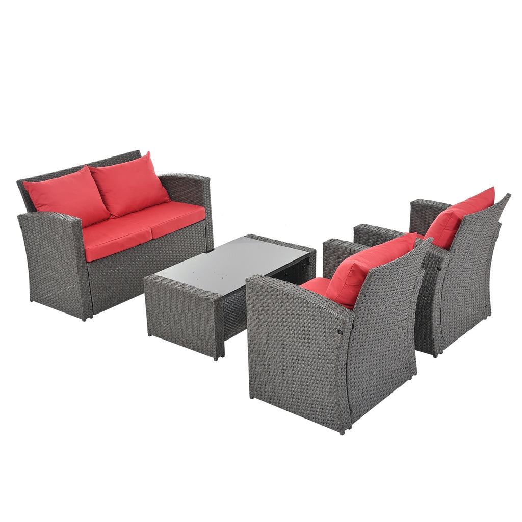 Shopi Vella outdoor patio furniture set with gray wicker frame and red cushions including sofa, chairs, and coffee table