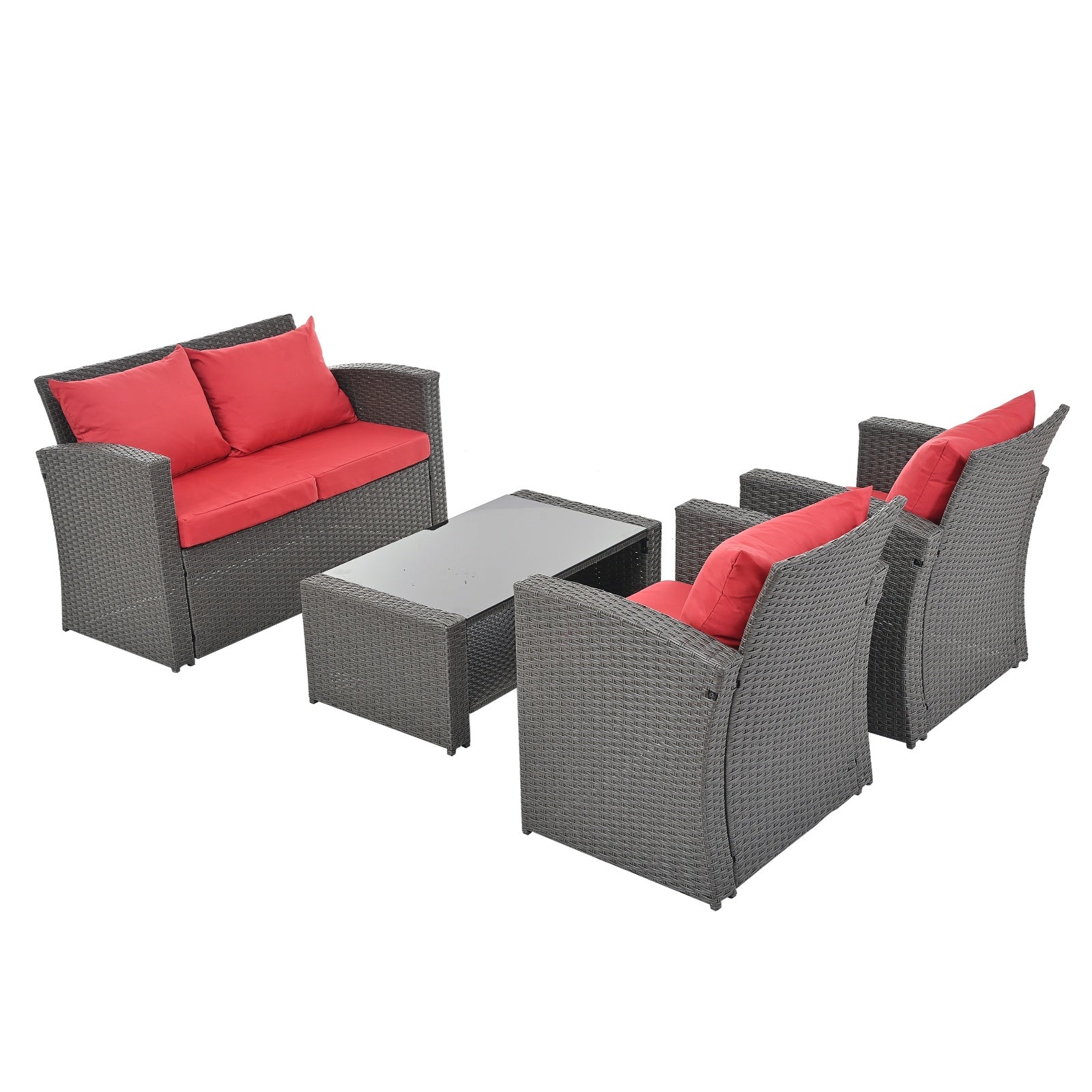 Shopi Vella outdoor patio furniture set with gray wicker frame and red cushions including sofa, chairs, and coffee table