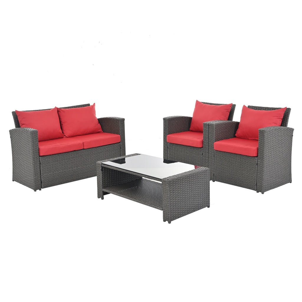Shopi Vella outdoor patio furniture set with dark wicker sofa, two armchairs, red cushions, and glass coffee table