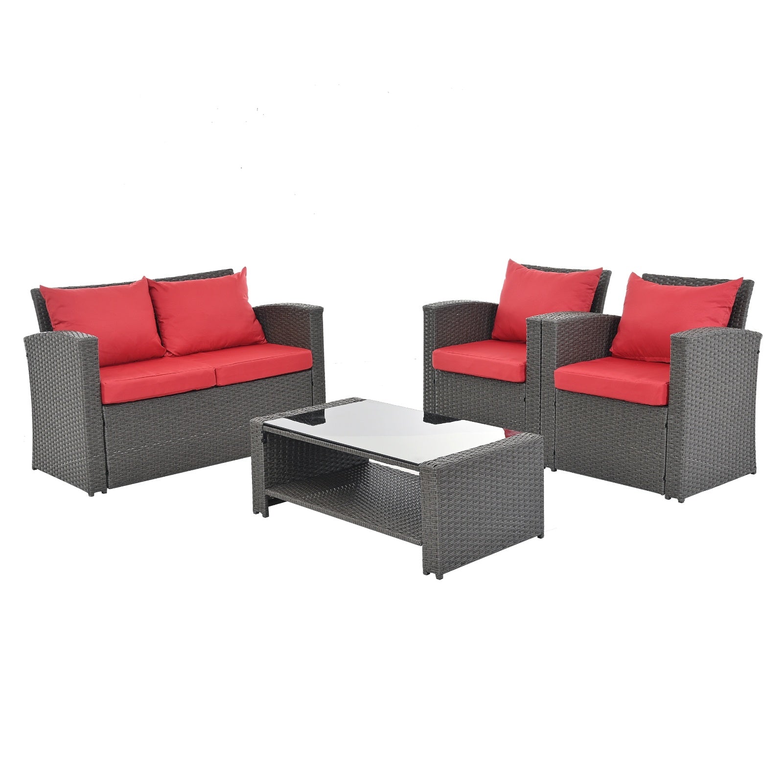 Shopi Vella outdoor patio furniture set with dark wicker sofa, two armchairs, red cushions, and glass coffee table