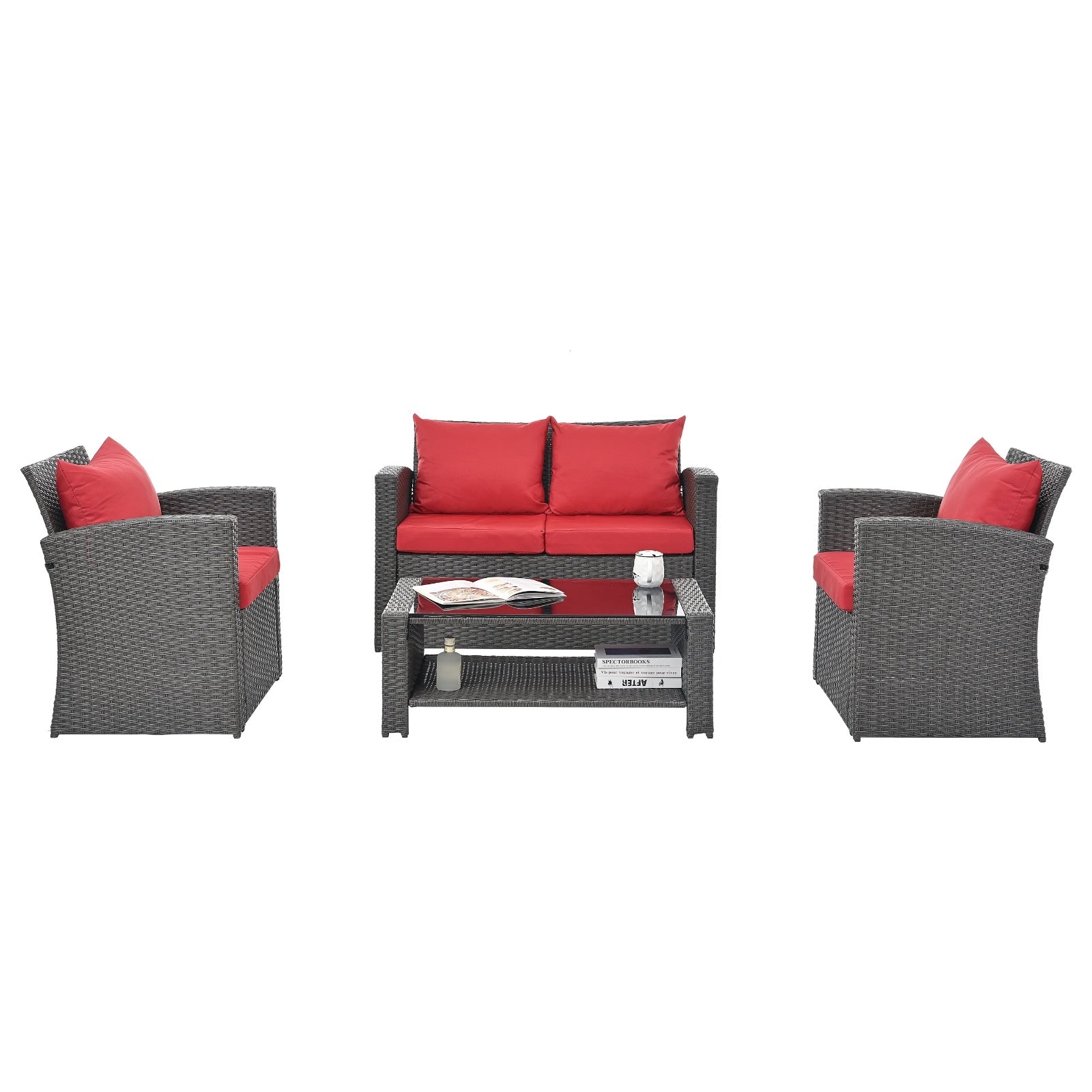 Shopi Vella outdoor patio furniture set with gray wicker frame and red cushions includes two chairs, loveseat, and coffee table