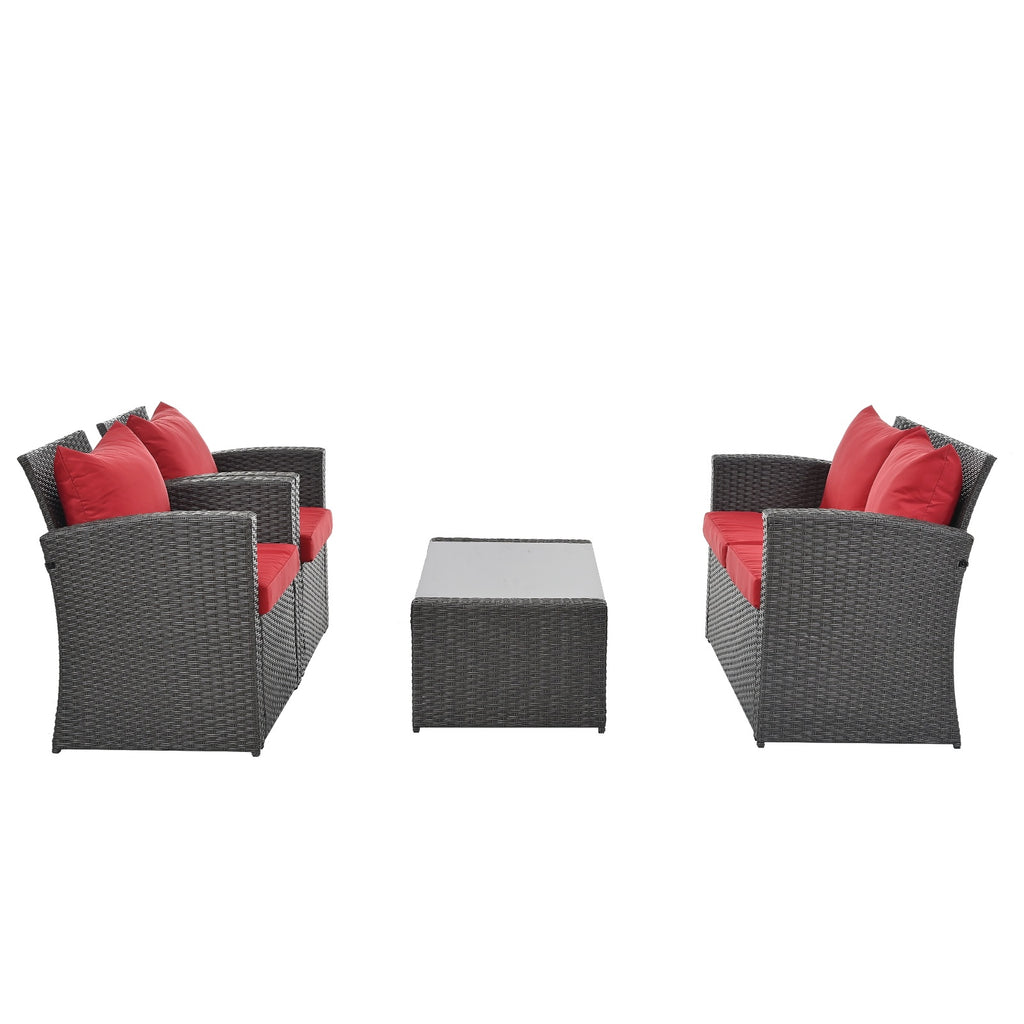 Shopi Vella outdoor patio furniture set with gray wicker frame and red cushions including two loveseats and a coffee table