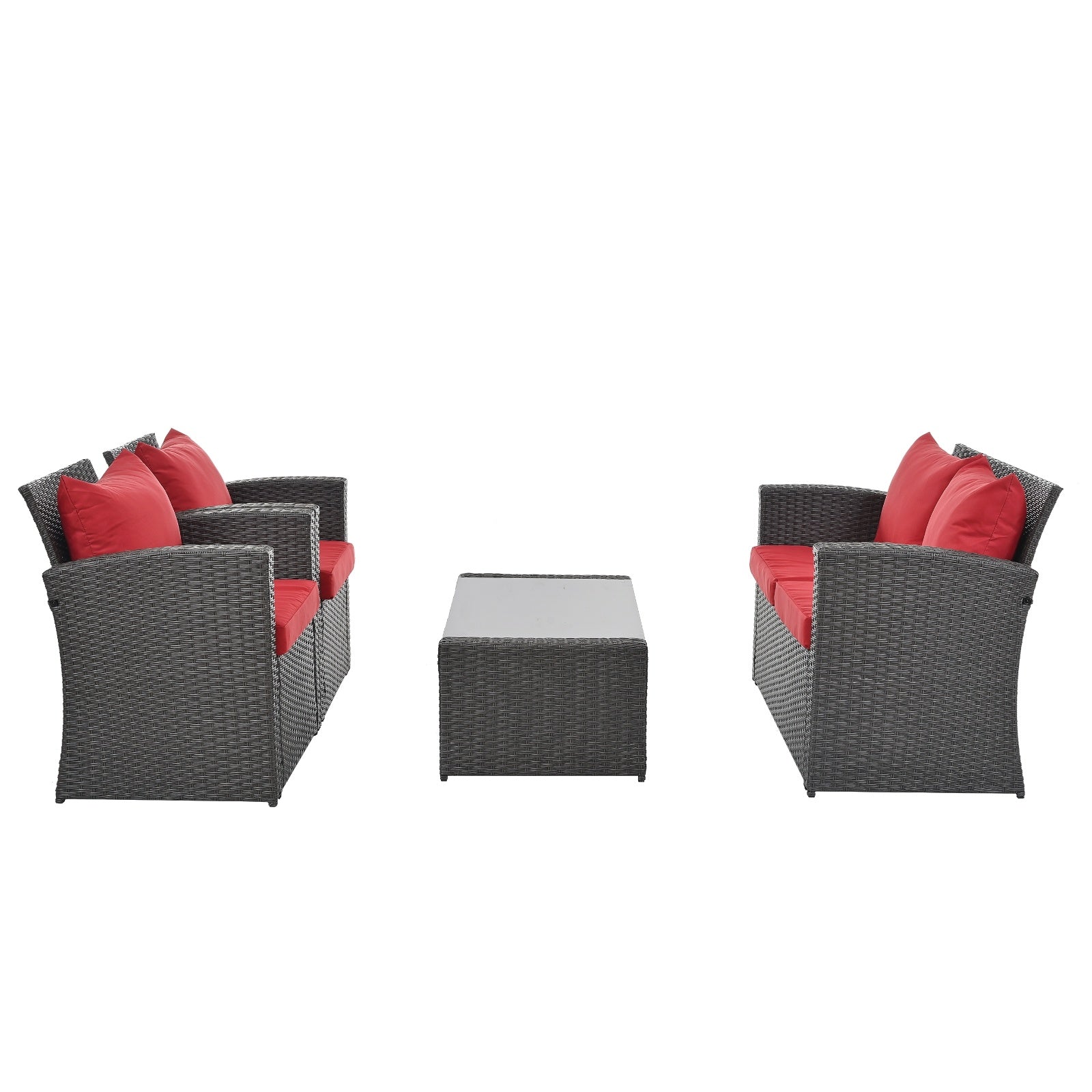 Shopi Vella outdoor patio furniture set with gray wicker frame and red cushions including two loveseats and a coffee table