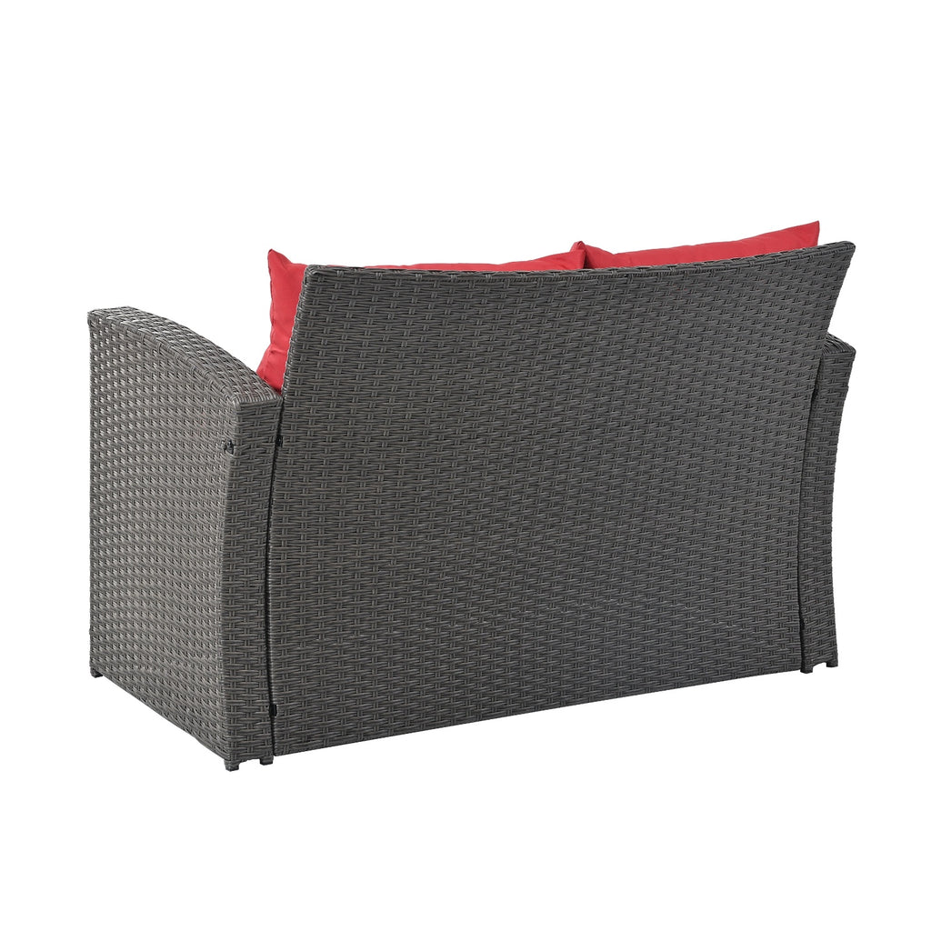 Shopi Vella outdoor patio furniture set featuring dark woven rattan loveseat with red cushions