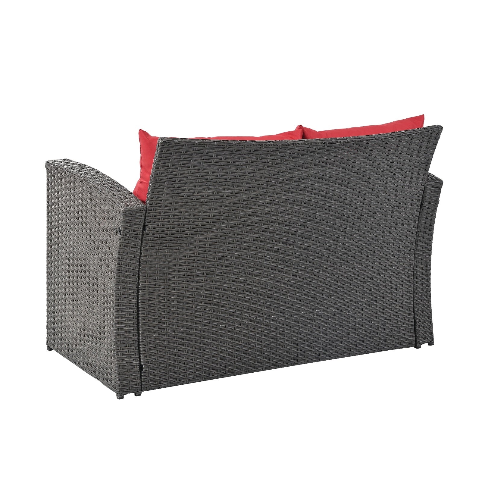 Shopi Vella outdoor patio furniture set featuring dark woven rattan loveseat with red cushions