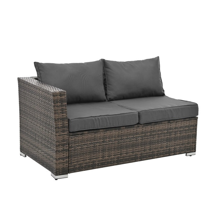 Outdoor wicker patio furniture set featuring brown woven rattan loveseat with dark gray cushions