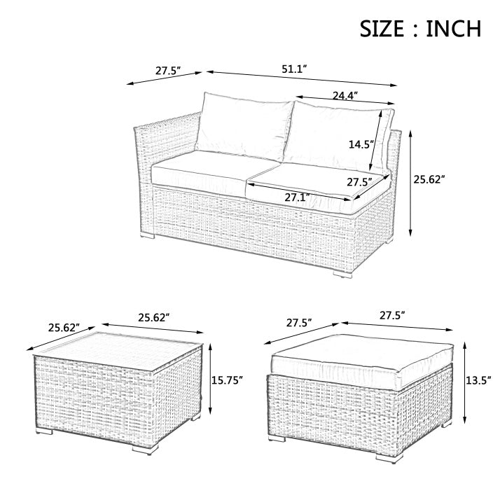 Dimensions diagram of outdoor wicker patio furniture set including loveseat, ottoman, and coffee table measurements