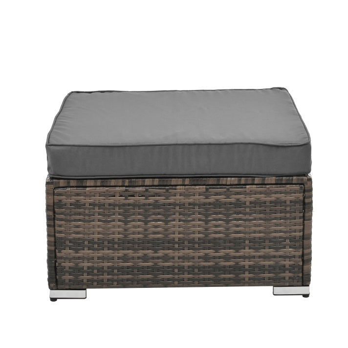 Brown outdoor wicker patio furniture set ottoman with gray cushion and metal legs
