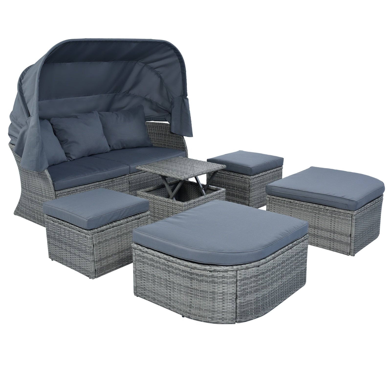 Shopi Vella patio furniture set for backyard lounging in gray wicker with blue cushions and canopy bed seat