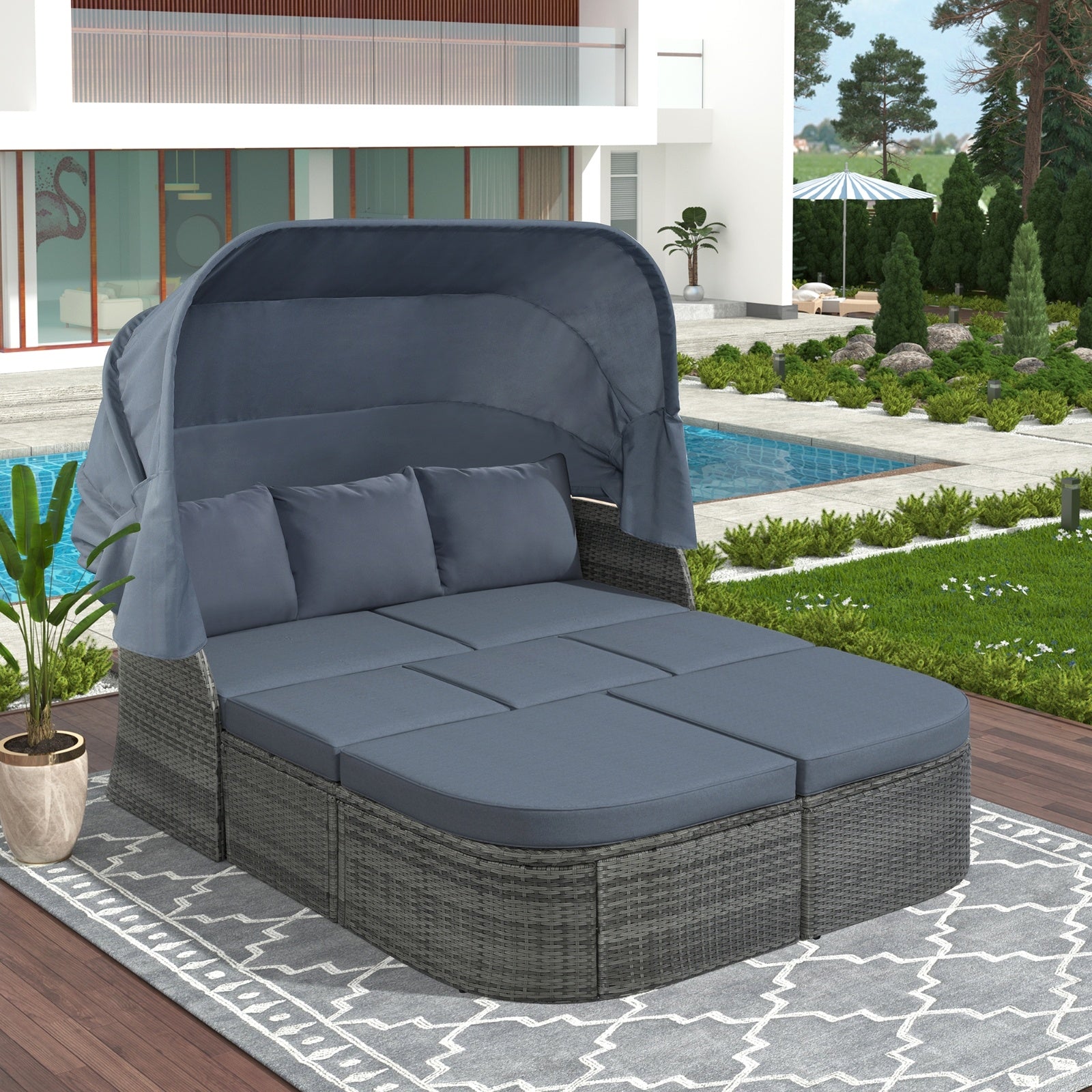 Shopi Vella bed with canopy and cushions in gray patio furniture set for backyard lounging by the pool