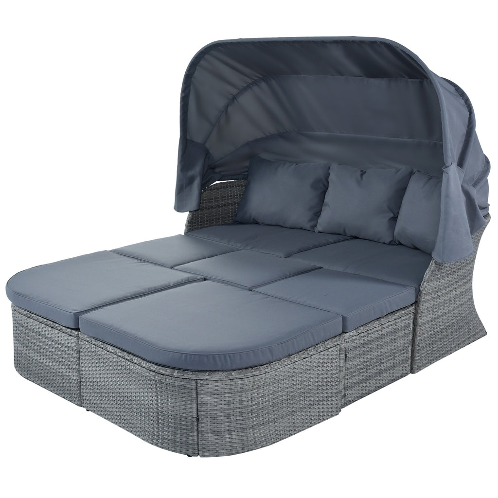 Shopi Vella gray patio furniture set for backyard lounging with cushioned bed and canopy