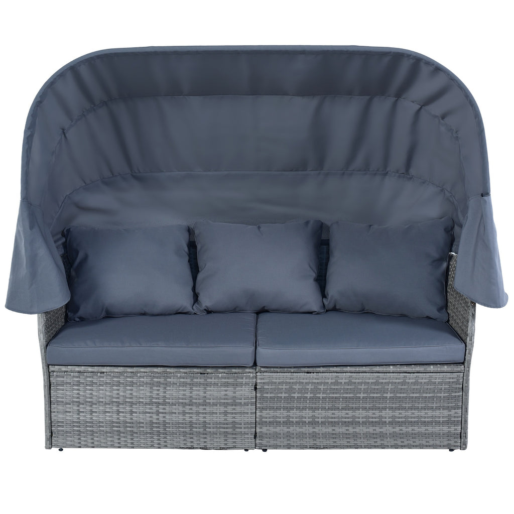 Shopi Vella patio furniture set for backyard lounging with grey cushions and canopy bed design