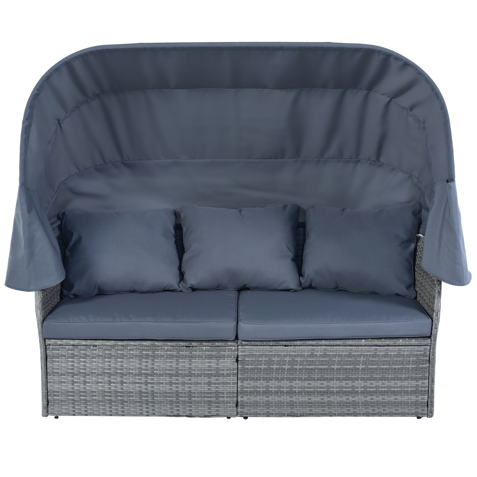 Shopi Vella patio furniture set for backyard lounging with grey cushions and canopy bed design