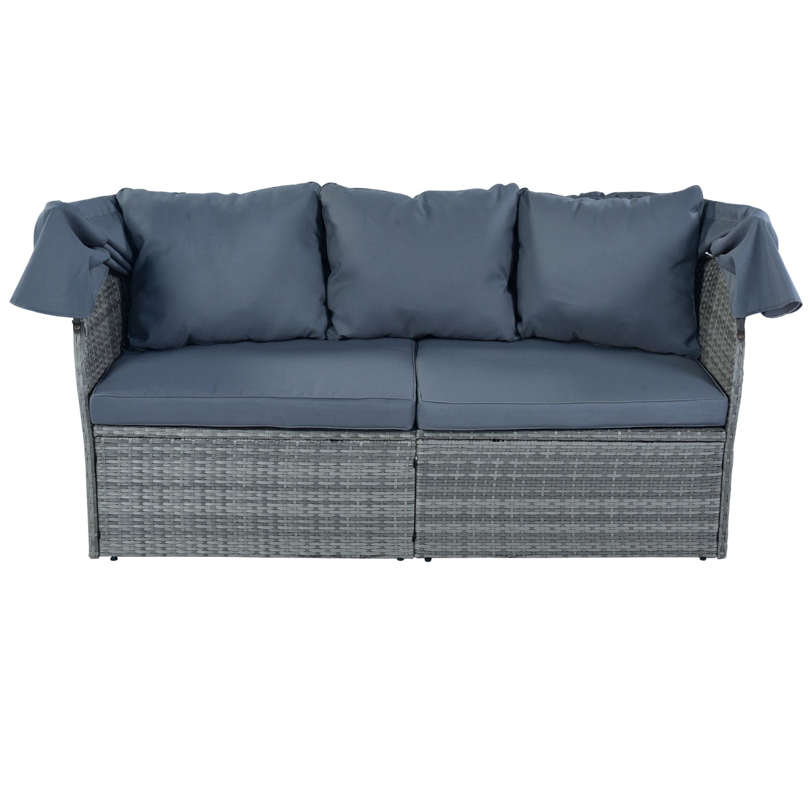 Shopi Vella gray wicker patio furniture set for backyard lounging with blue cushions and pillows