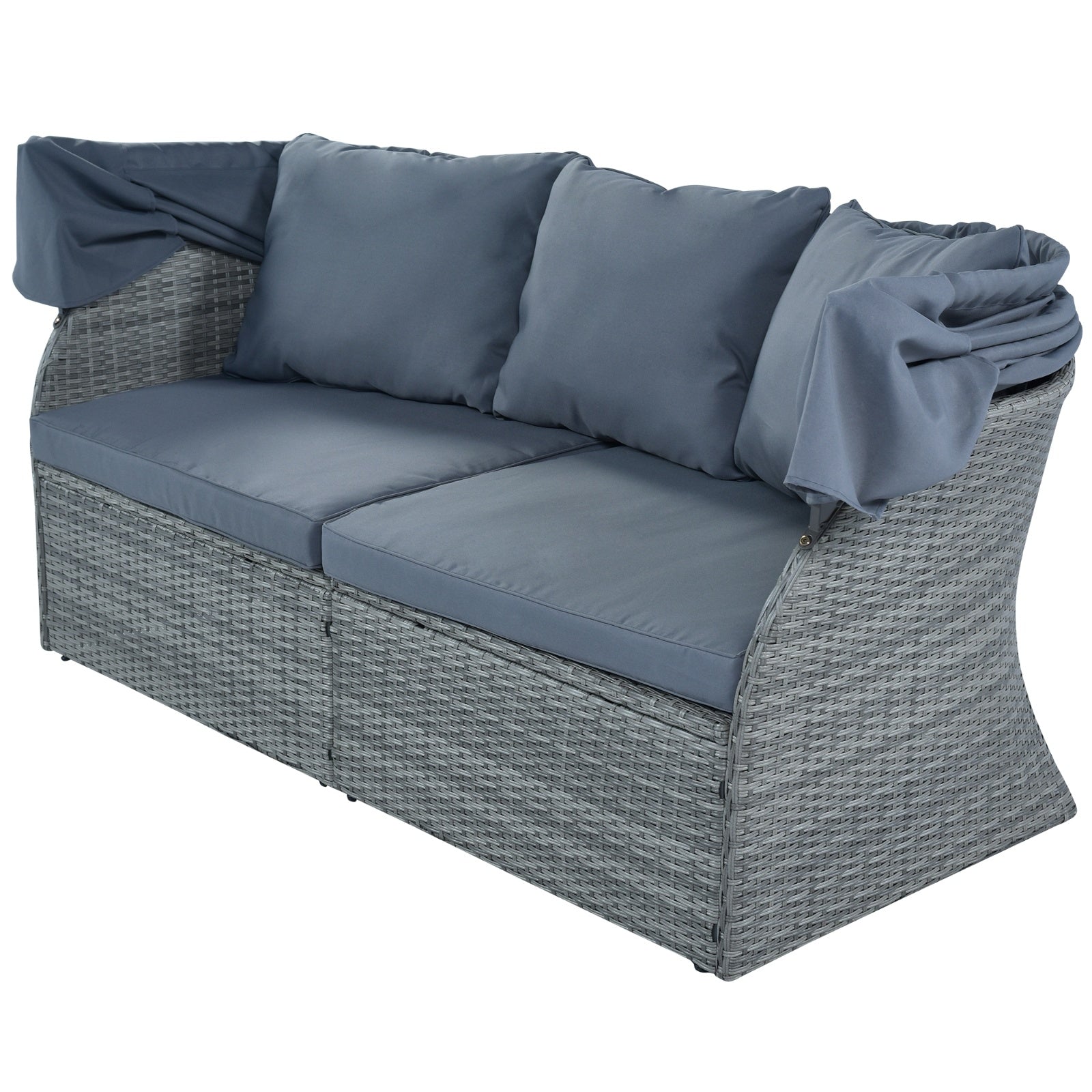 Shopi Vella grey wicker patio furniture set for backyard lounging with blue cushions and pillows