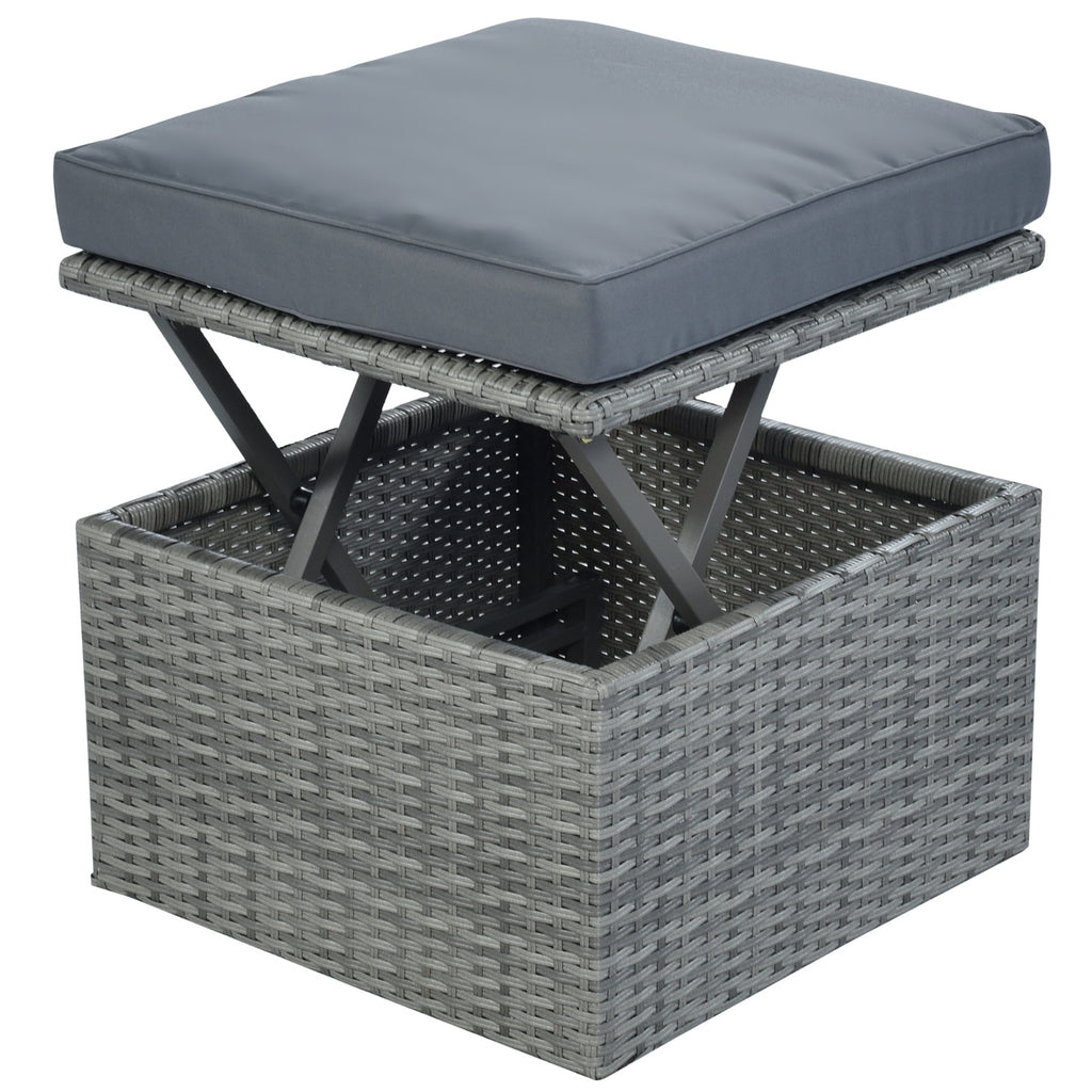 Shopi Vella gray wicker storage ottoman with cushion, part of a patio furniture set for backyard lounging