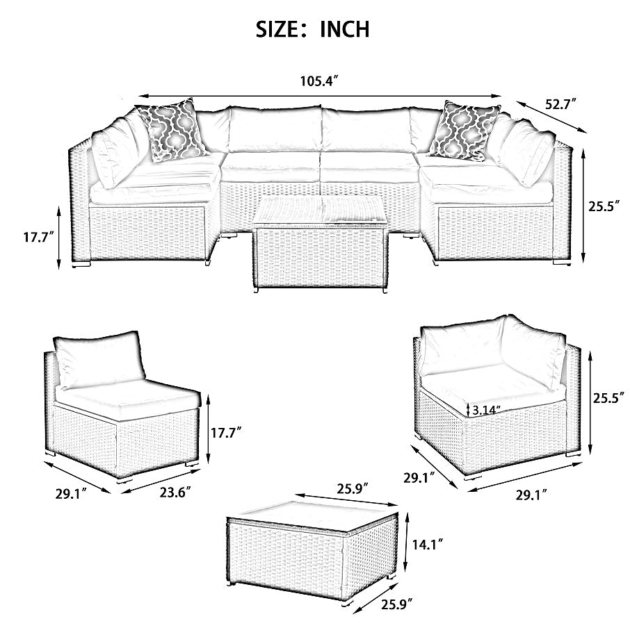 Dimensions diagram of PE wicker patio furniture with coffee table including sectional sofa and cushions