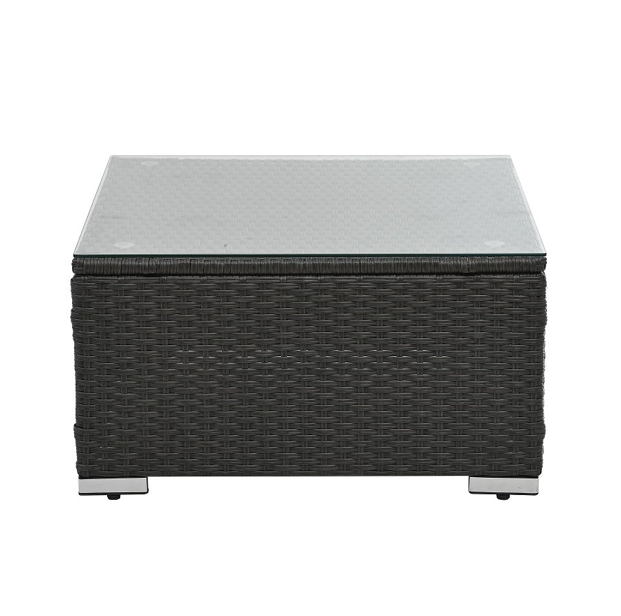 Modern PE wicker patio furniture with coffee table featuring glass top and dark woven design