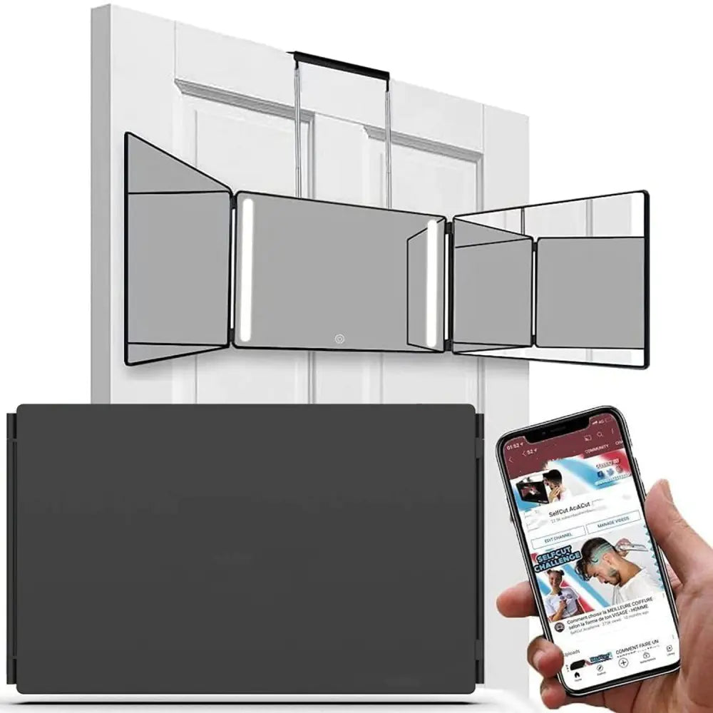 Portable LED makeup mirror with tri-fold design and adjustable door hanger for hands-free use