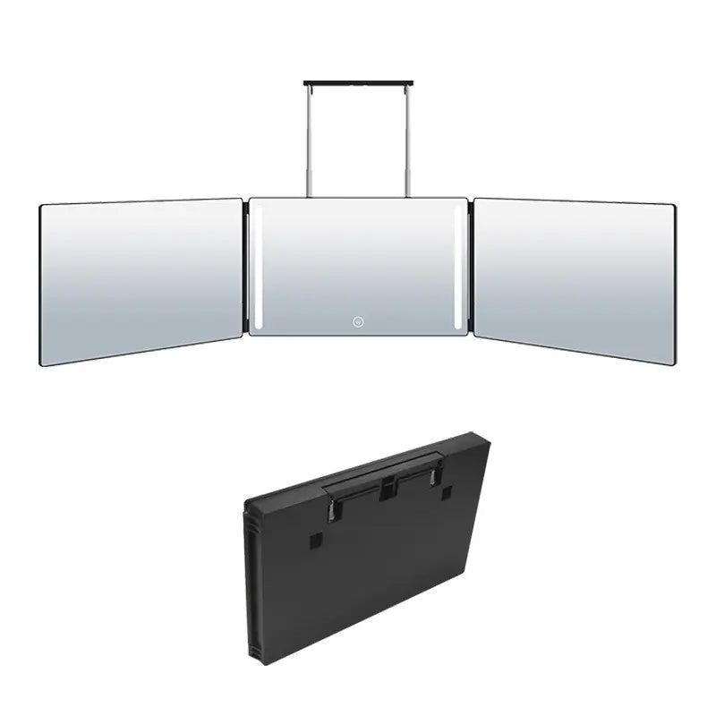 Tri-fold portable LED makeup mirror with adjustable LED lights and compact carrying case