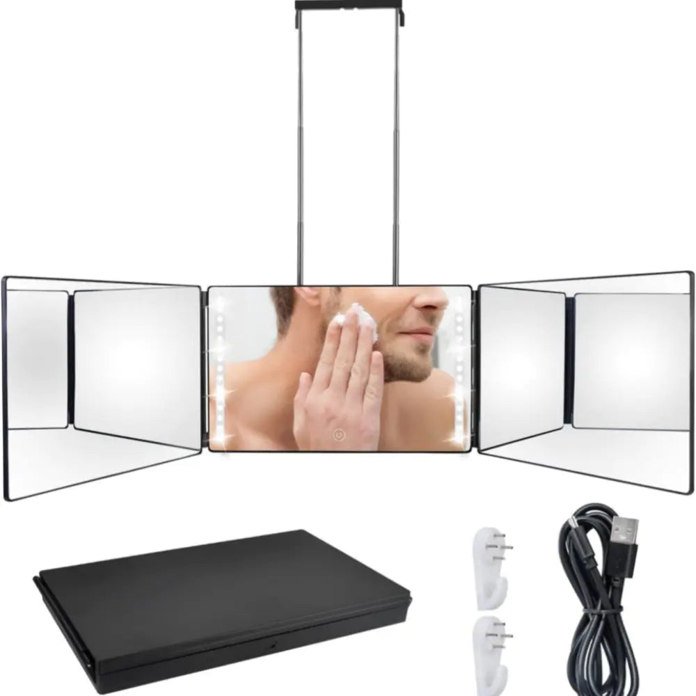 Portable LED makeup mirror with three panels, built-in lights, and adjustable stand with USB charging cable