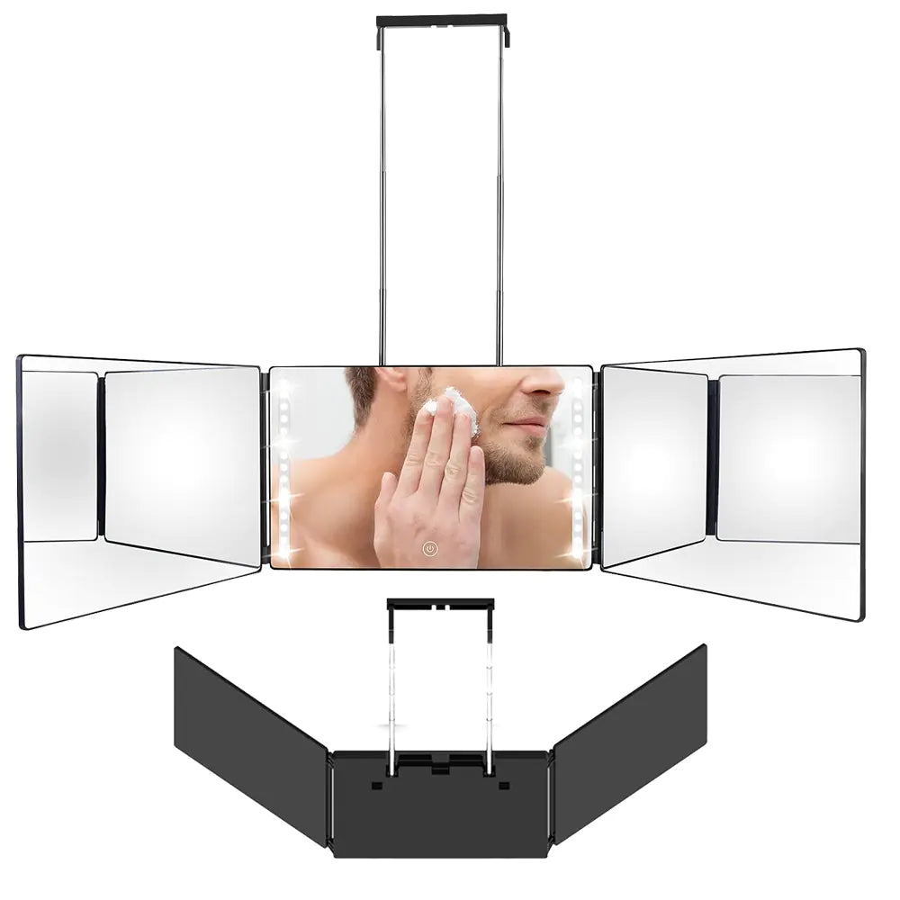 My Store portable LED makeup mirror with three foldable panels and adjustable height stand