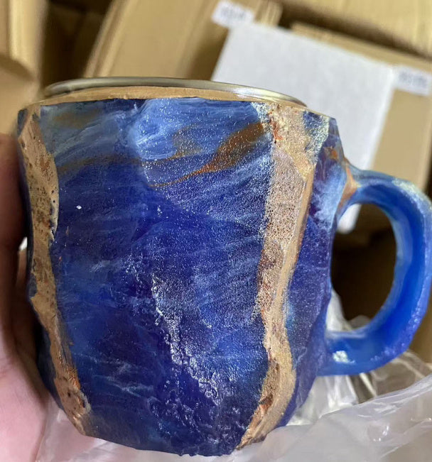 Shopi Vella resin crystal coffee mug with blue and gold textured design for kitchen storage