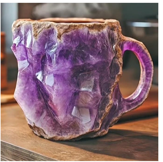 Shopi Vella resin crystal coffee mug with purple amethyst design and natural rough edges